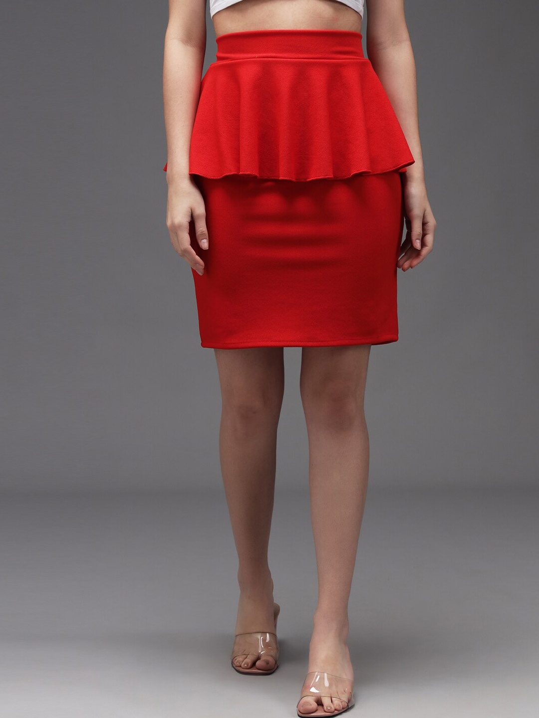 BAESD Frill Detailed Pencil Skirt, Red