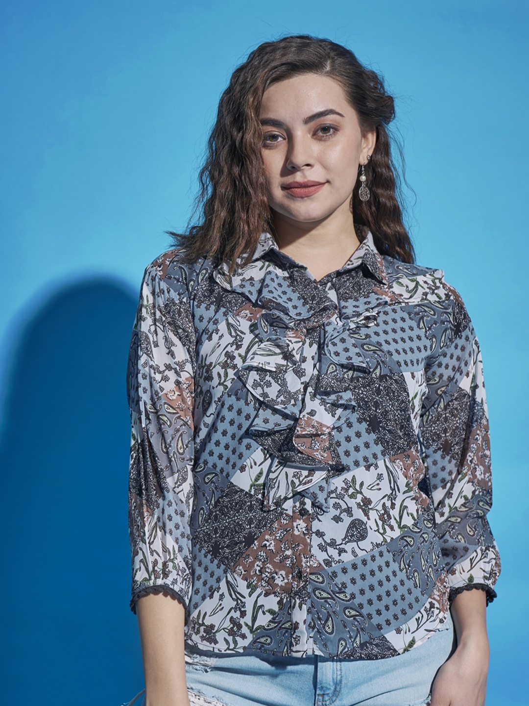 

DressBerry Blue And Brown Printed Ruffled Shirt Style Top