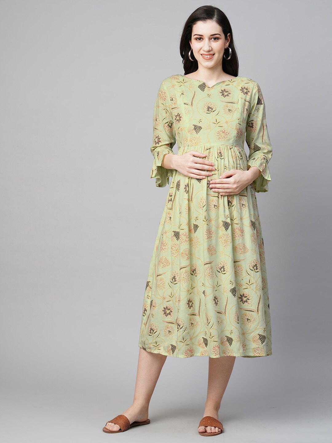 

MomToBe Floral Printed Bell Sleeve Maternity A-Line Midi Dress, Green