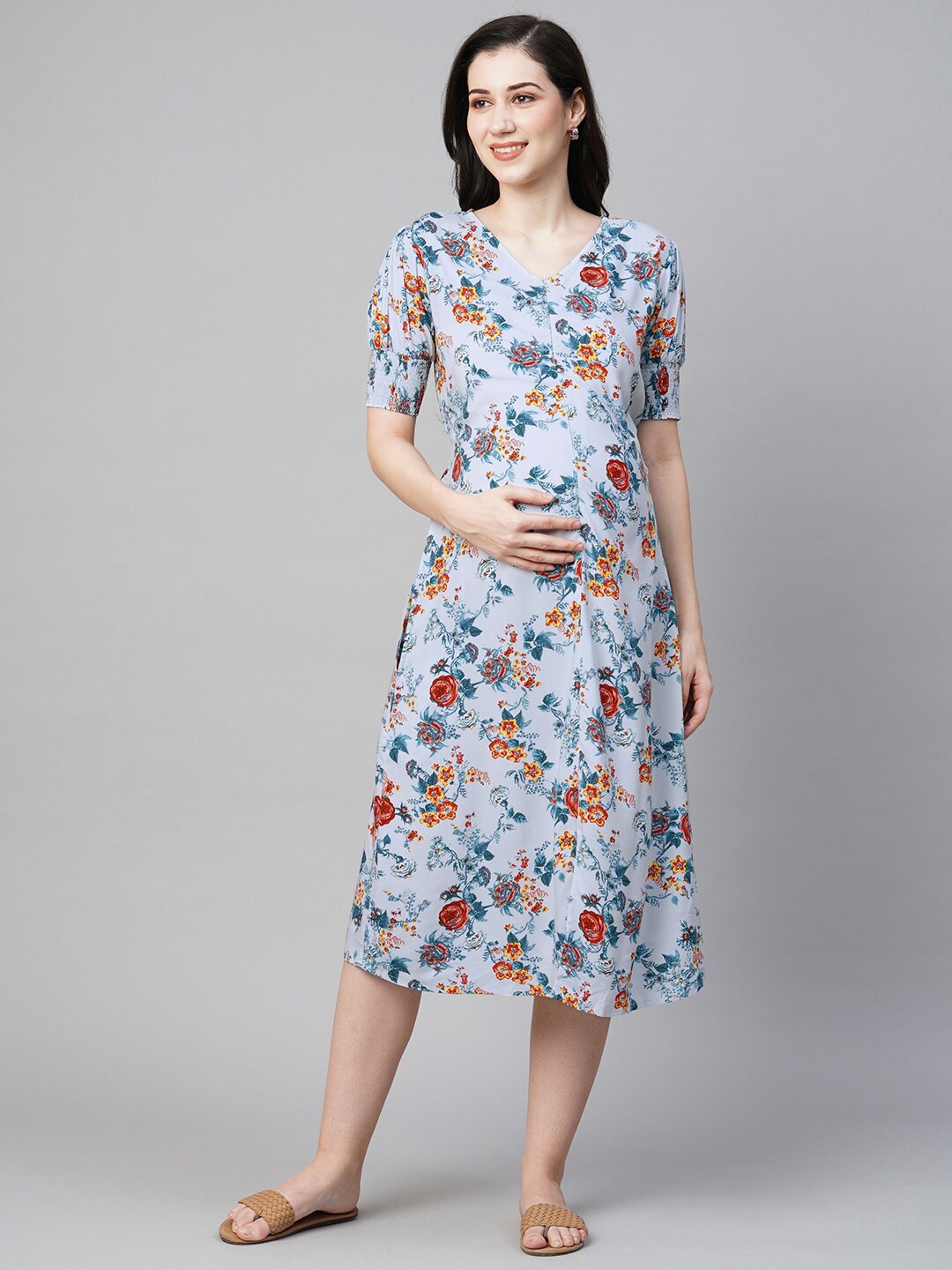 

MomToBe Floral Print Maternity & Feeding A-Line Midi Dress, Blue