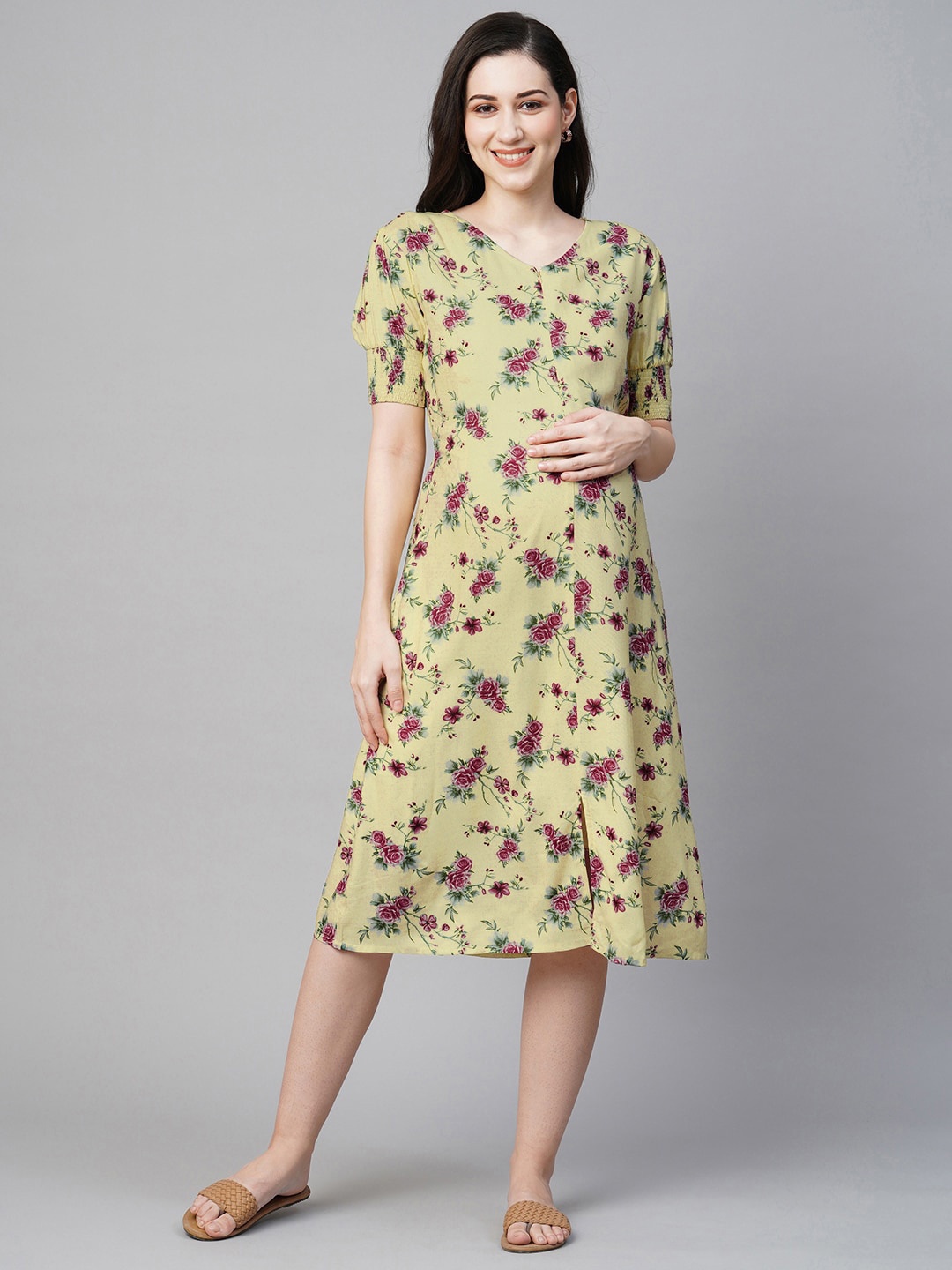 

MomToBe Floral Printed Smocked Maternity A-Line Midi Sustainable Dress, Yellow