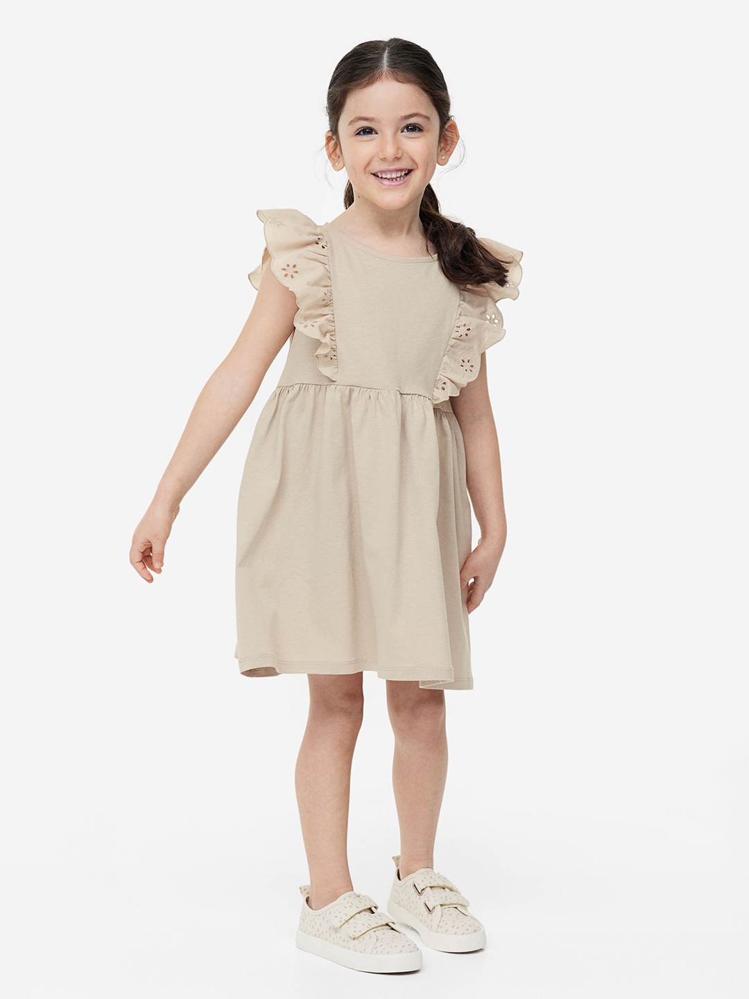 

H&M Flounce-Trimmed Jersey Dress, Beige