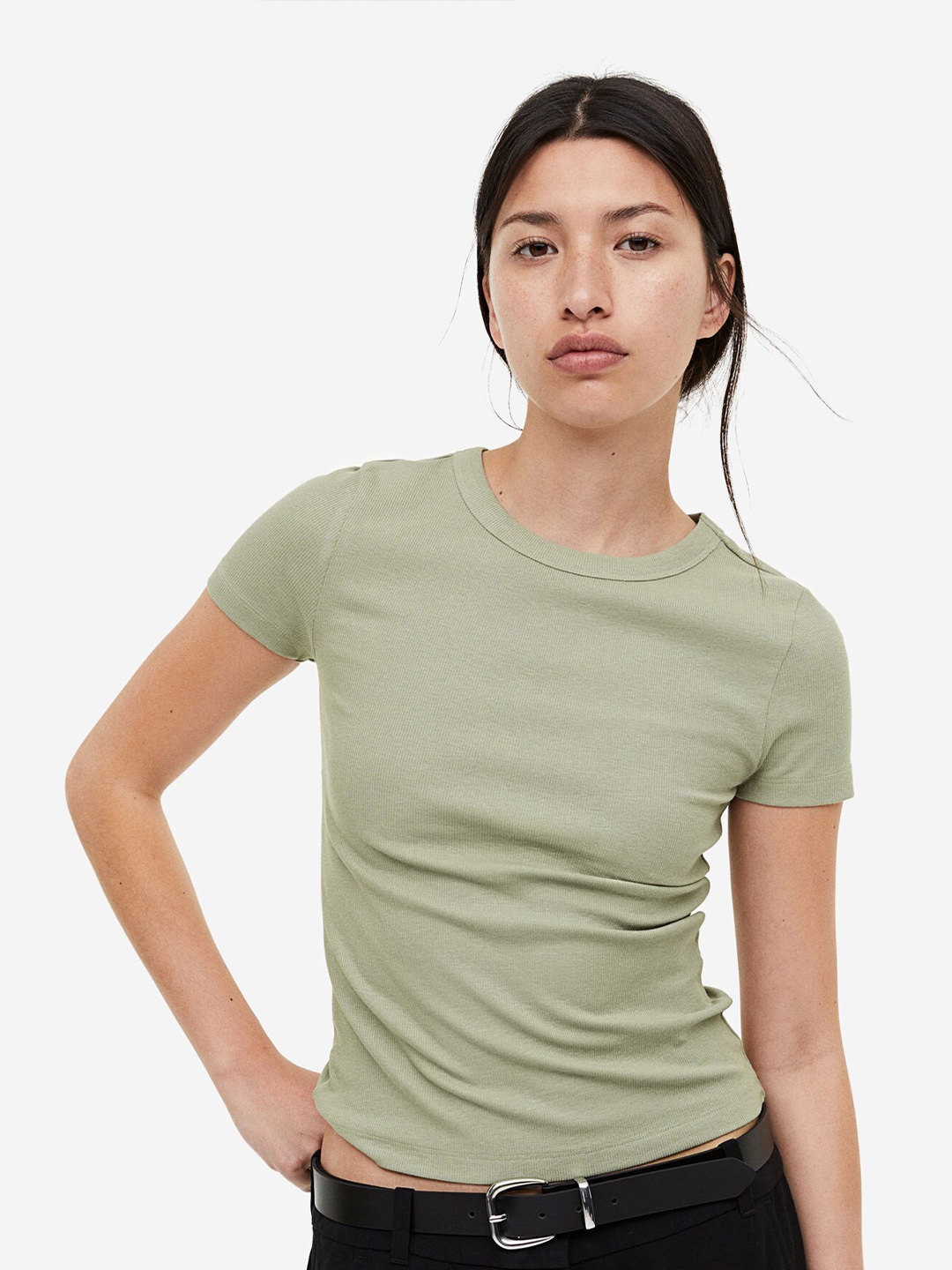 

H&M Ribbed Modal-Blend T-shirt, Green