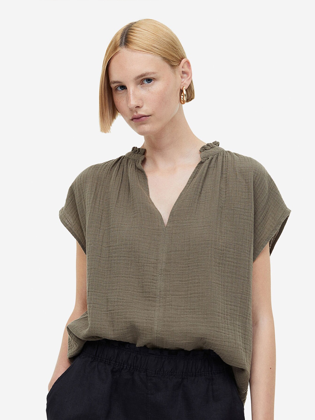 

H&M Frill-Trimmed Cotton Blouse, Green
