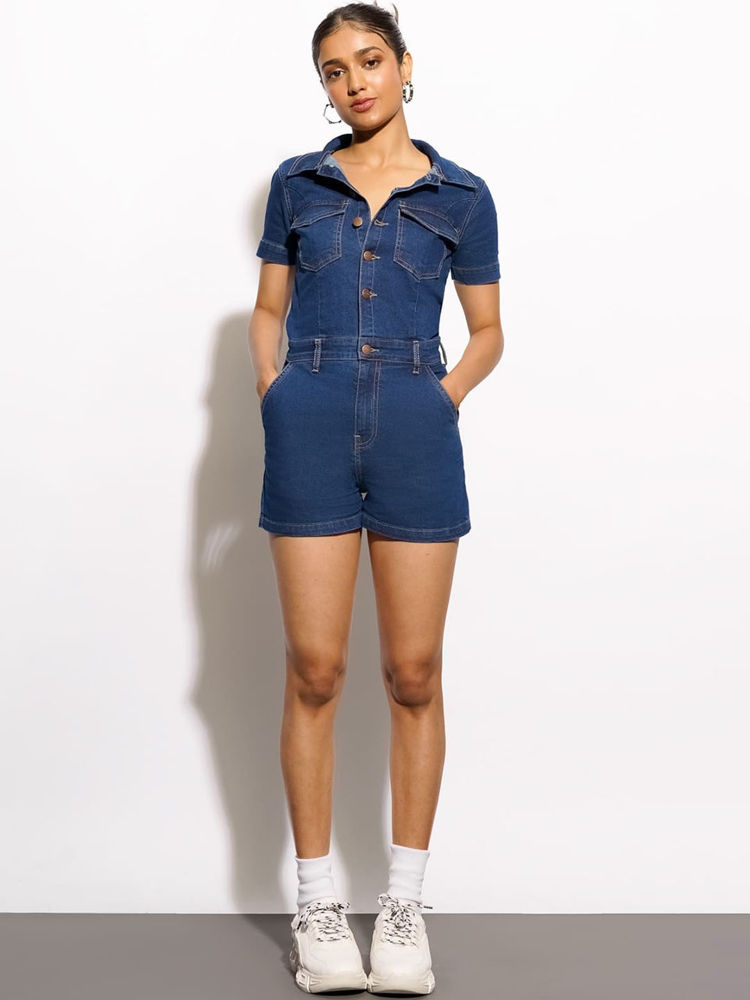 

FREAKINS Blue Shirt Collar Denim Playsuit