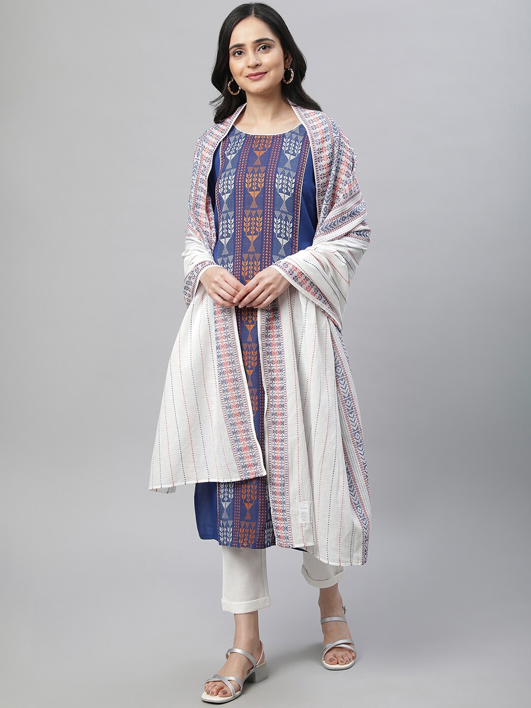 

AURELIA Ethnic Motifs Printed Regular Kurta With Trousers & Dupatta, Blue