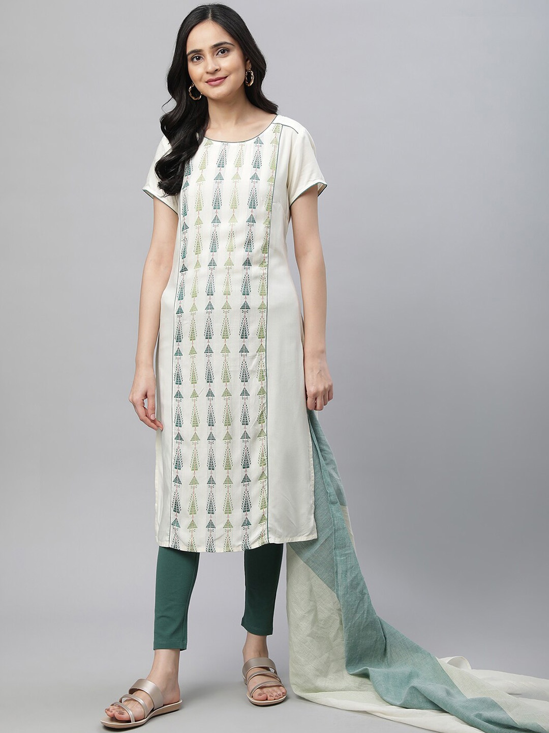 

AURELIA Ethnic Motifs Printed Regular Kurta with Trousers & With Dupatta, Off white