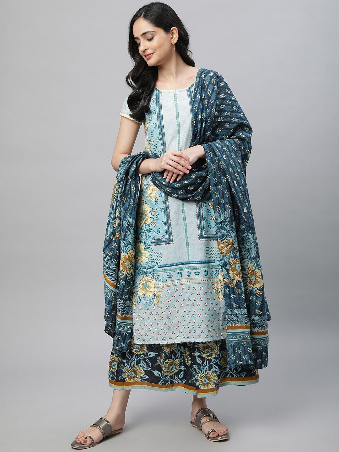 

AURELIA Floral Printed Pure Cotton Kurta With Trousers & Dupatta, Blue