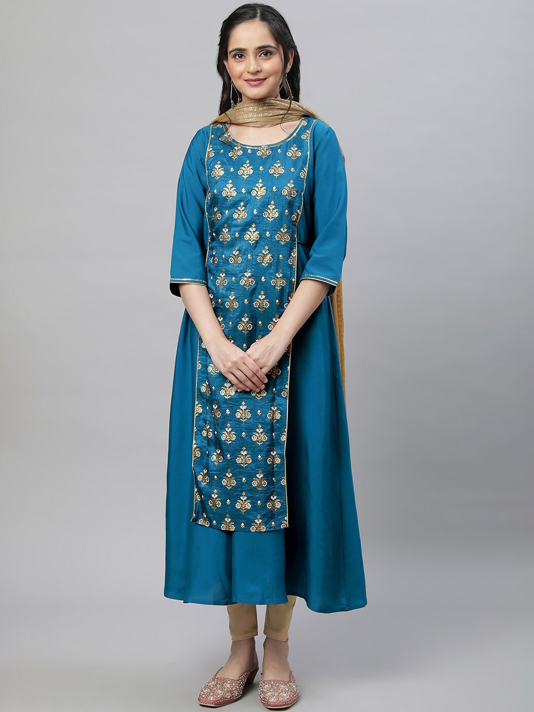 

AURELIA Floral Printed A-Line Kurta With Trousers & Dupatta, Blue