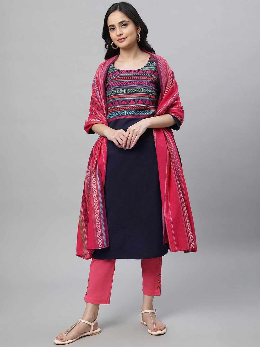

AURELIA Yoke Design Regular Kurta with Trousers & Dupatta, Navy blue