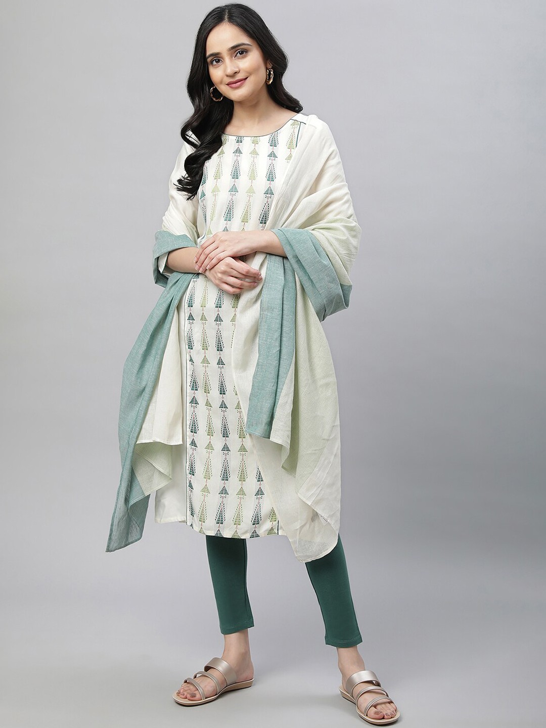 

AURELIA Ethnic Motifs Printed Regular Kurta with Trousers & With Dupatta, Off white
