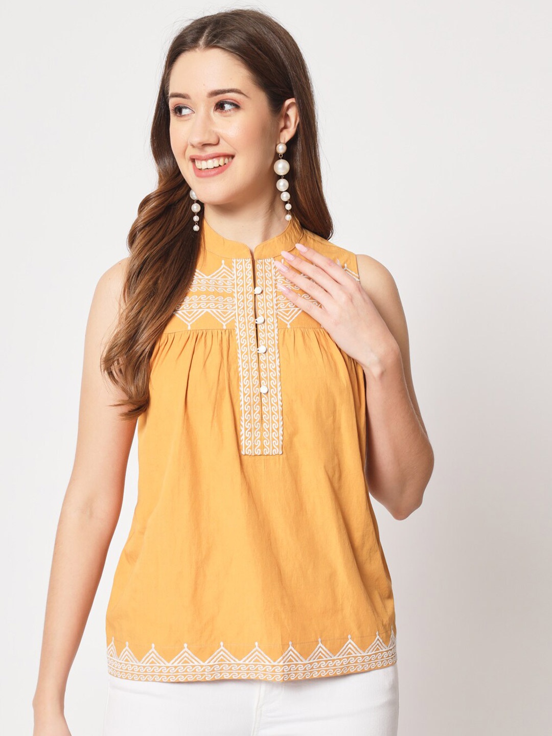 

CHARMGAL Embroidered Mandarin Collar Cotton Regular Top, Yellow