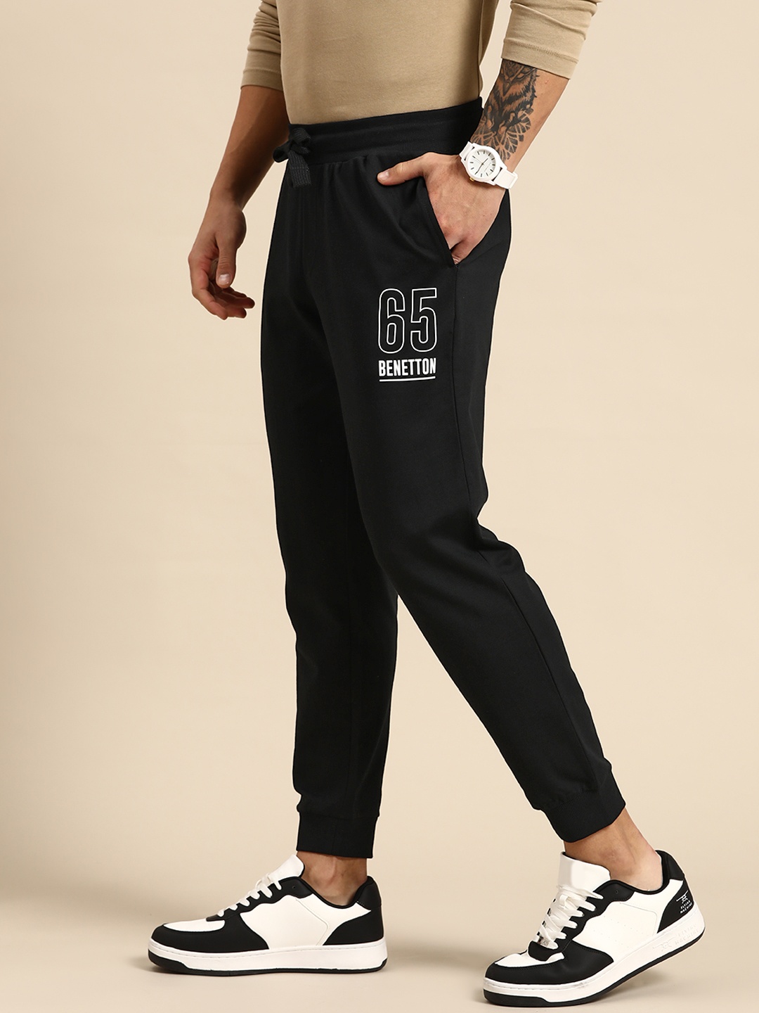 

United Colors of Benetton Brand Printed Detail Pure Cotton Joggers, Black