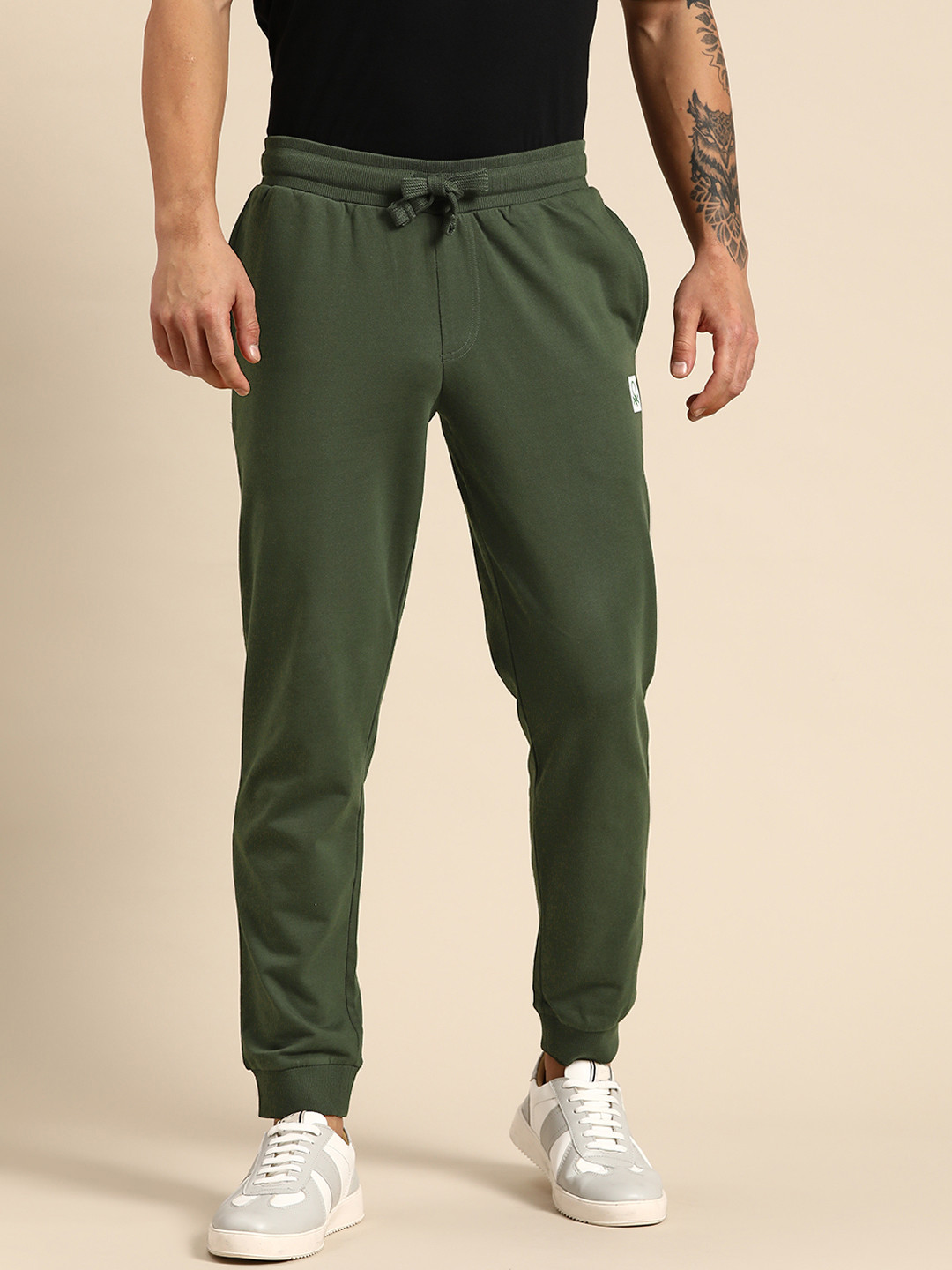 

United Colors of Benetton Solid Brand Logo Detail Pure Cotton Joggers, Olive