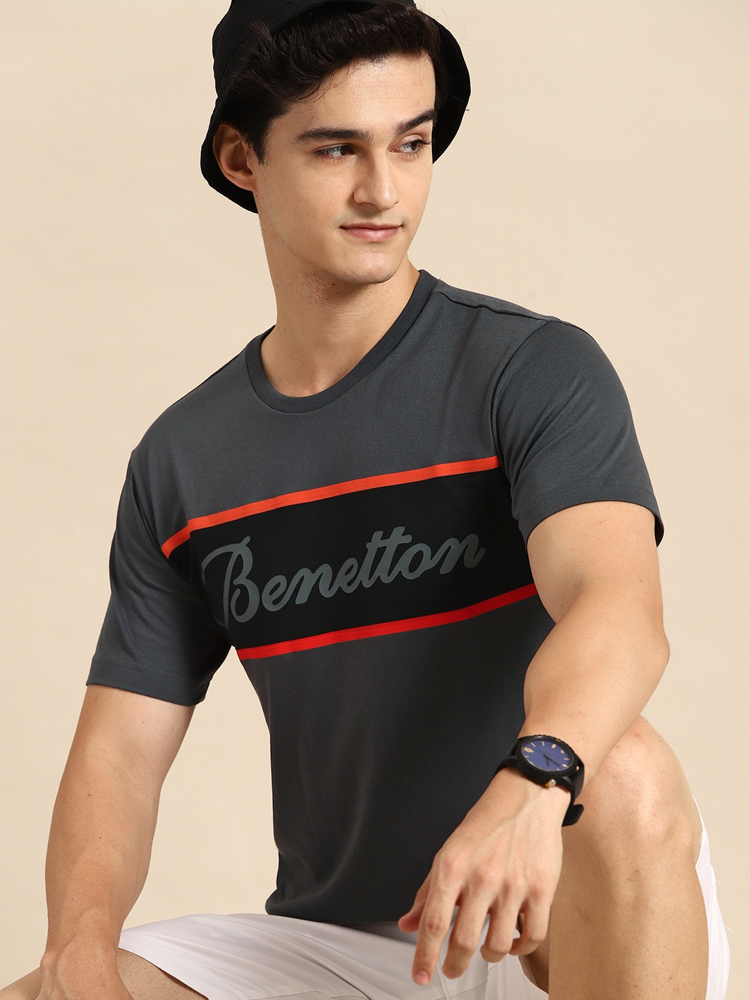 

United Colors of Benetton Brand Logo Print T-shirt, Charcoal