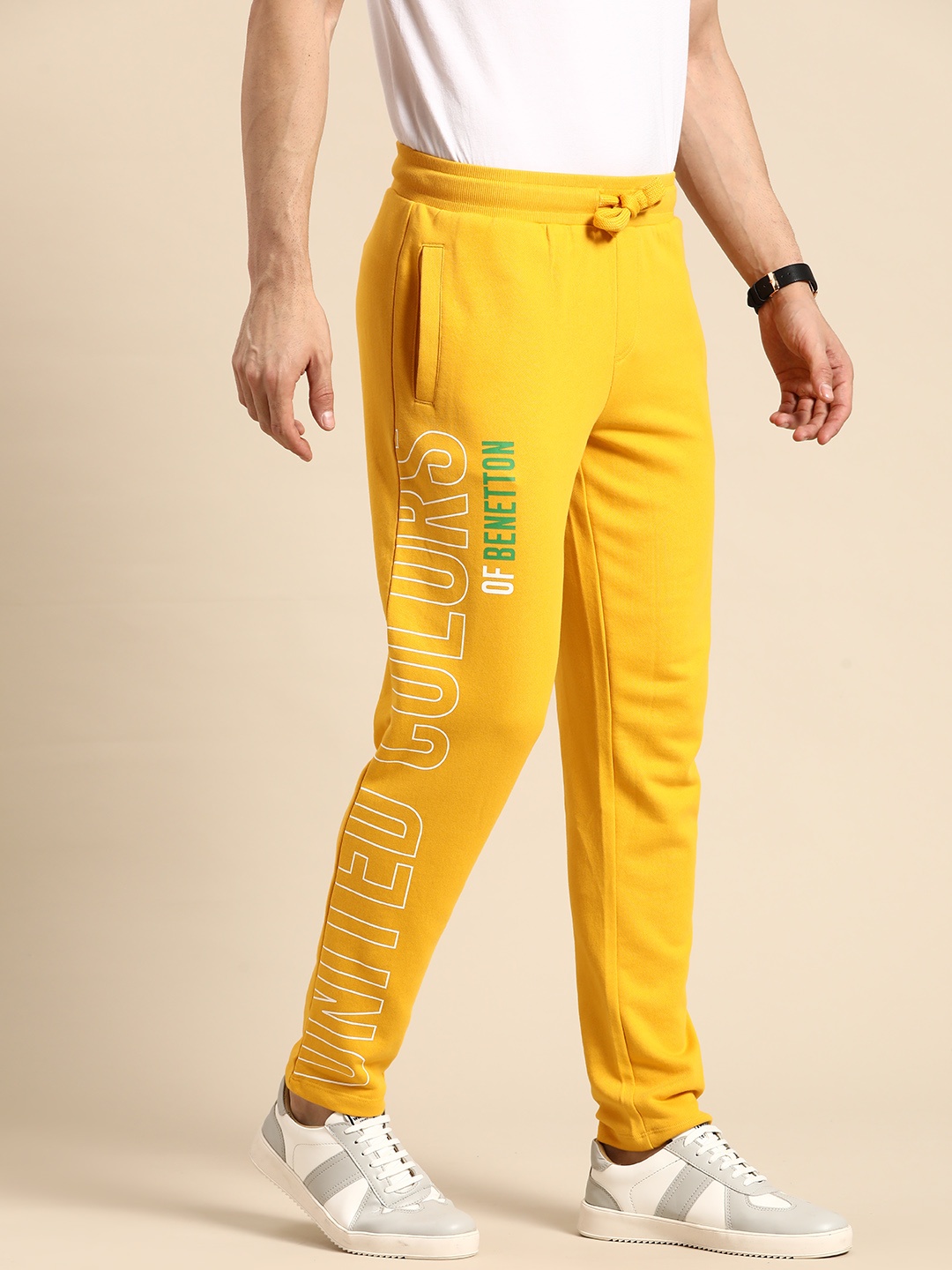 

United Colors of Benetton Men Brand Logo Printed Pure Cotton Track Pants, Yellow