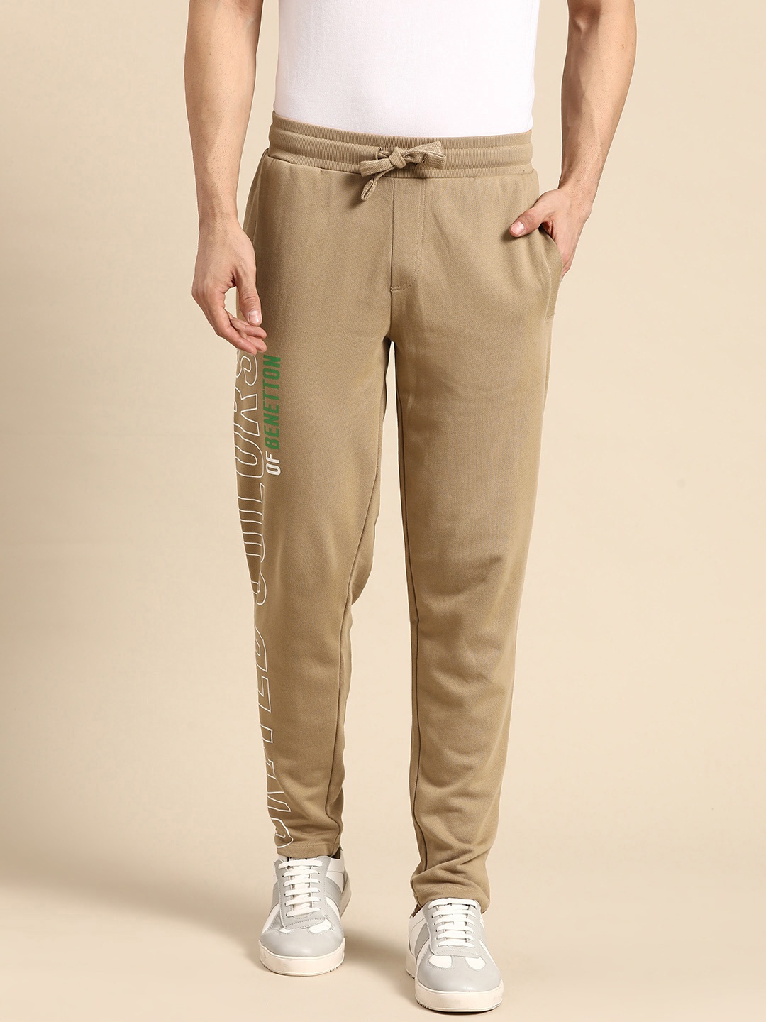

United Colors of Benetton Men Brand Logo Printed Pure Cotton Track Pants, Brown
