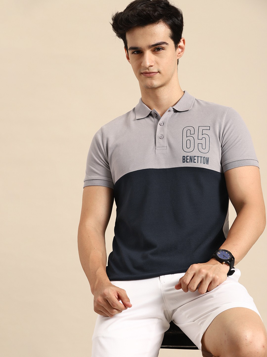 

United Colors of Benetton Colourblocked Pure Cotton Polo Collar T-shirt, Grey