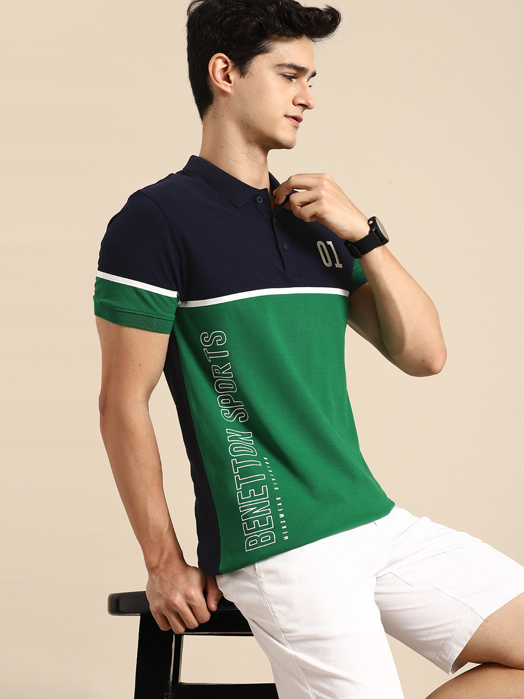 

United Colors of Benetton Colourblocked Polo Collar Pure Cotton T-shirt, Navy blue