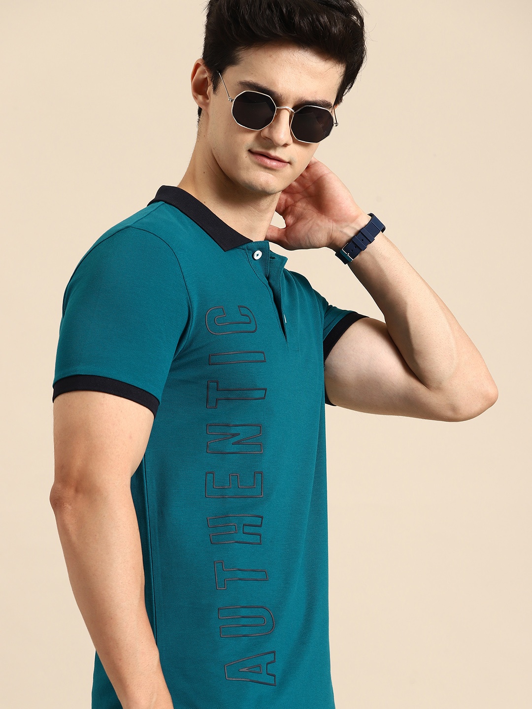 

United Colors of Benetton Typography Printed Polo Collar Pure Cotton T-shirt, Teal