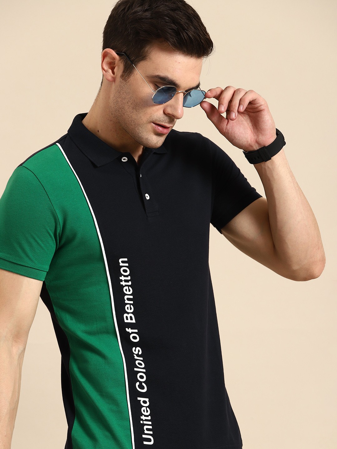 

United Colors of Benetton Colourblocked Polo Collar Pure Cotton T-shirt, Navy blue