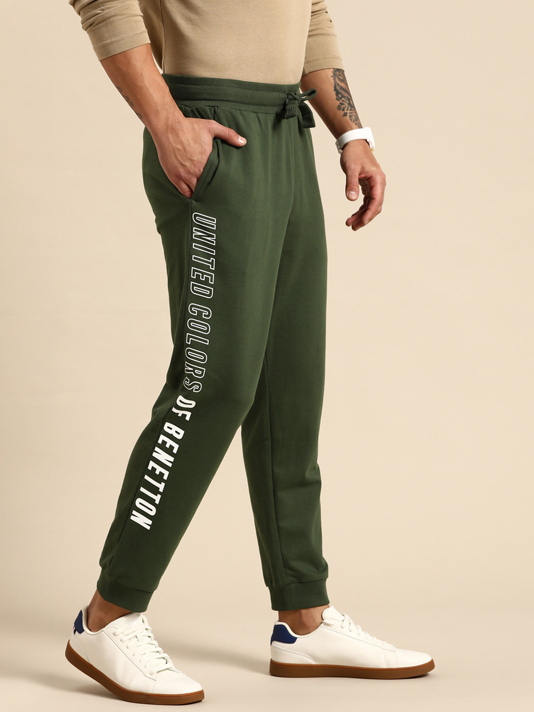 

United Colors of Benetton Brand Logo Printed Pure Cotton Joggers, Olive