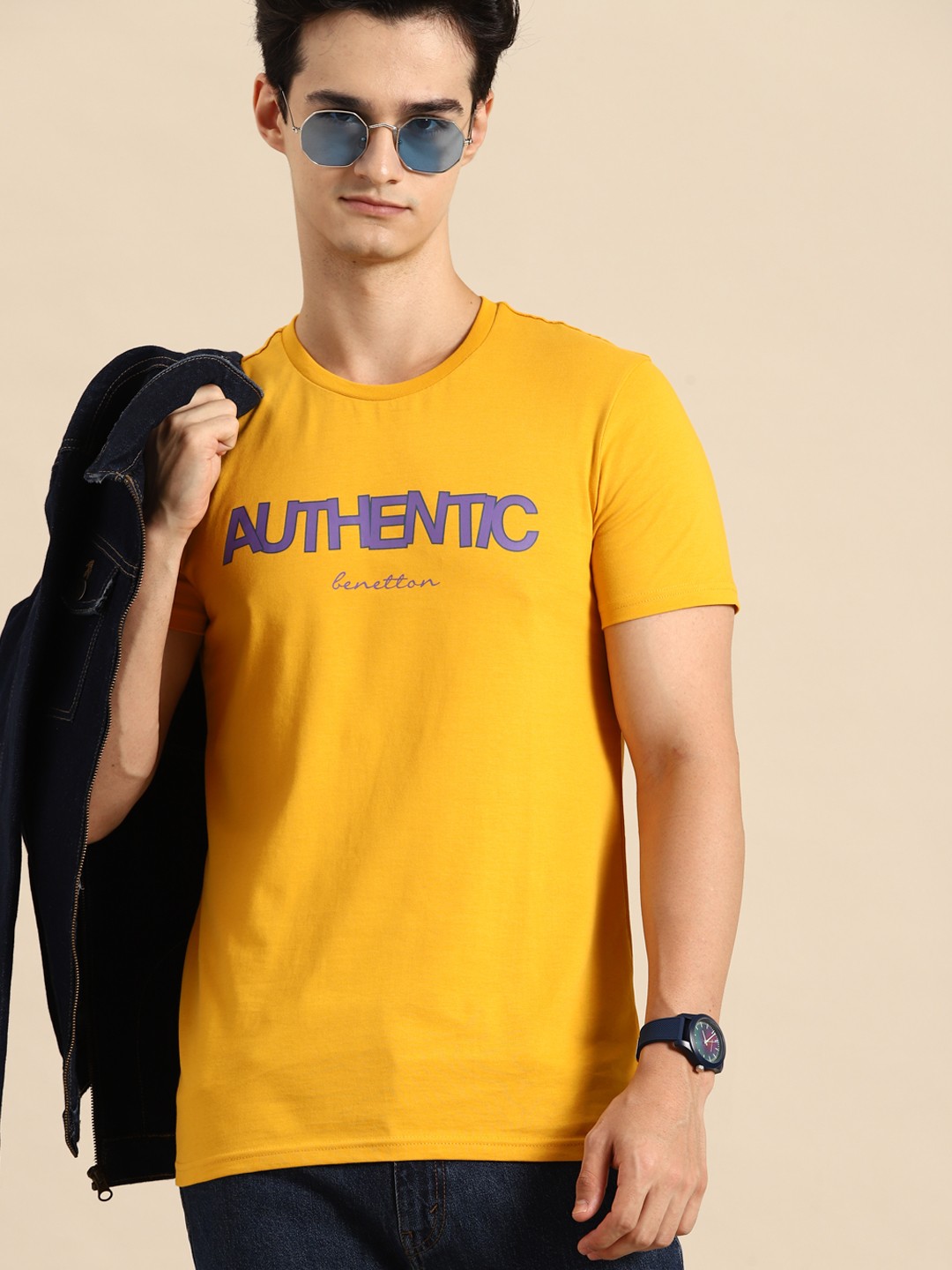 

United Colors of Benetton Typography Printed Pure Cotton T-shirt, Mustard