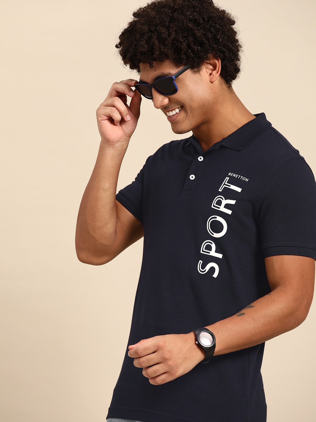 

United Colors of Benetton Printed Polo Collar Pure Cotton T-shirt, Navy blue
