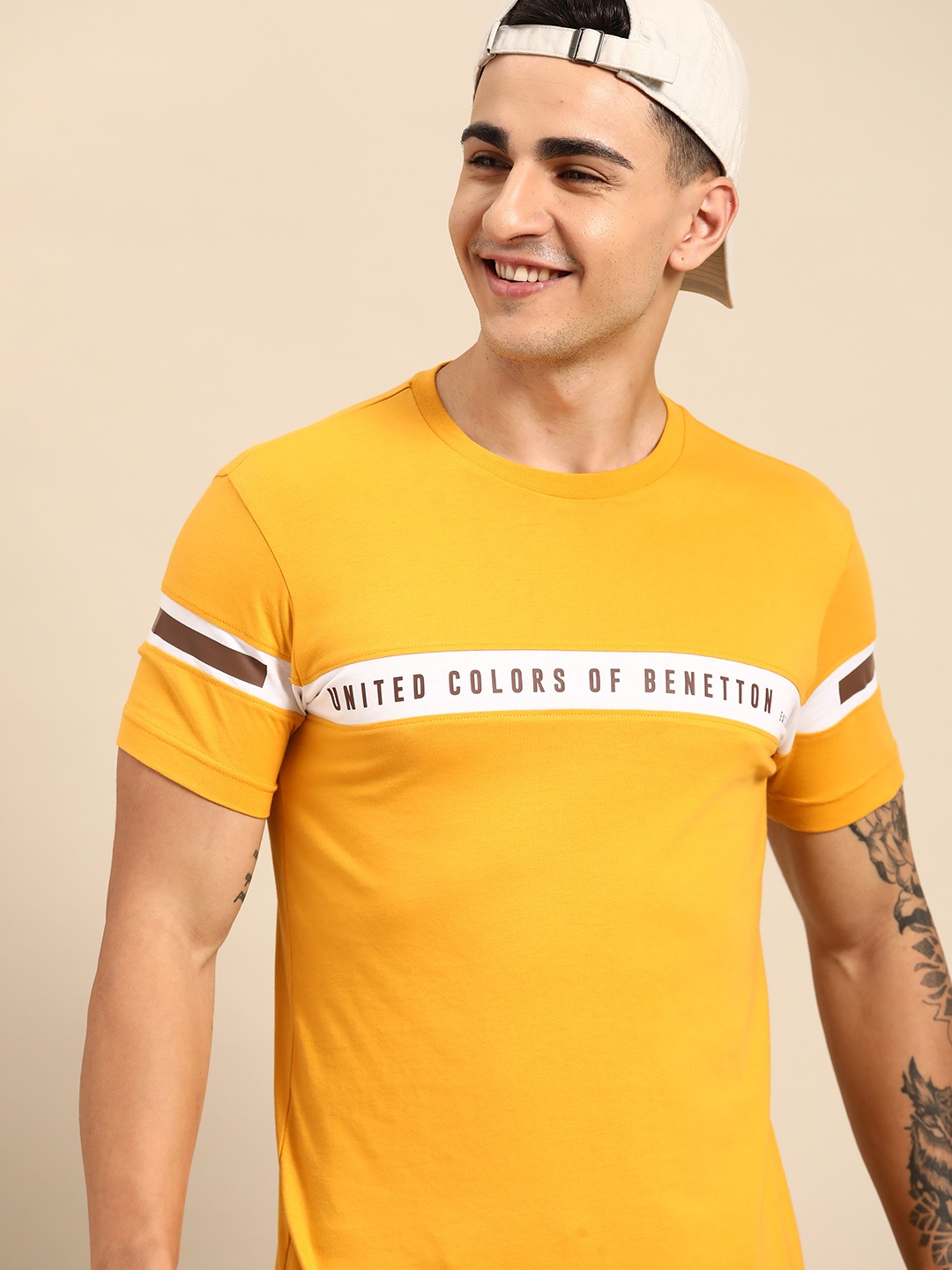 

United Colors of Benetton Brand Logo Printed T-shirt, Mustard