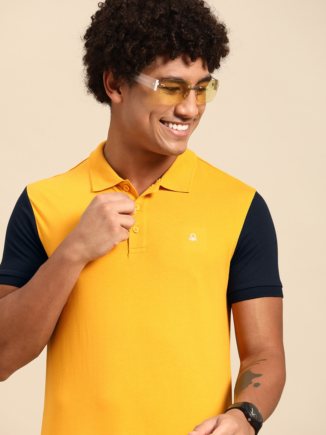 

United Colors of Benetton Contrast Sleeves Polo Collar T-shirt, Mustard