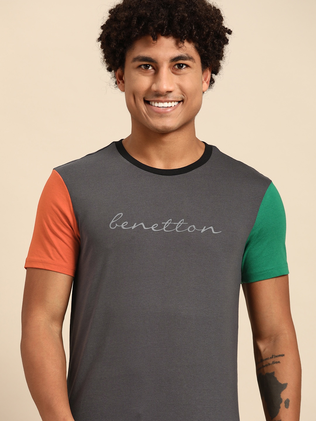 

United Colors of Benetton Brand Logo Printed Pure Cotton T-shirt, Grey