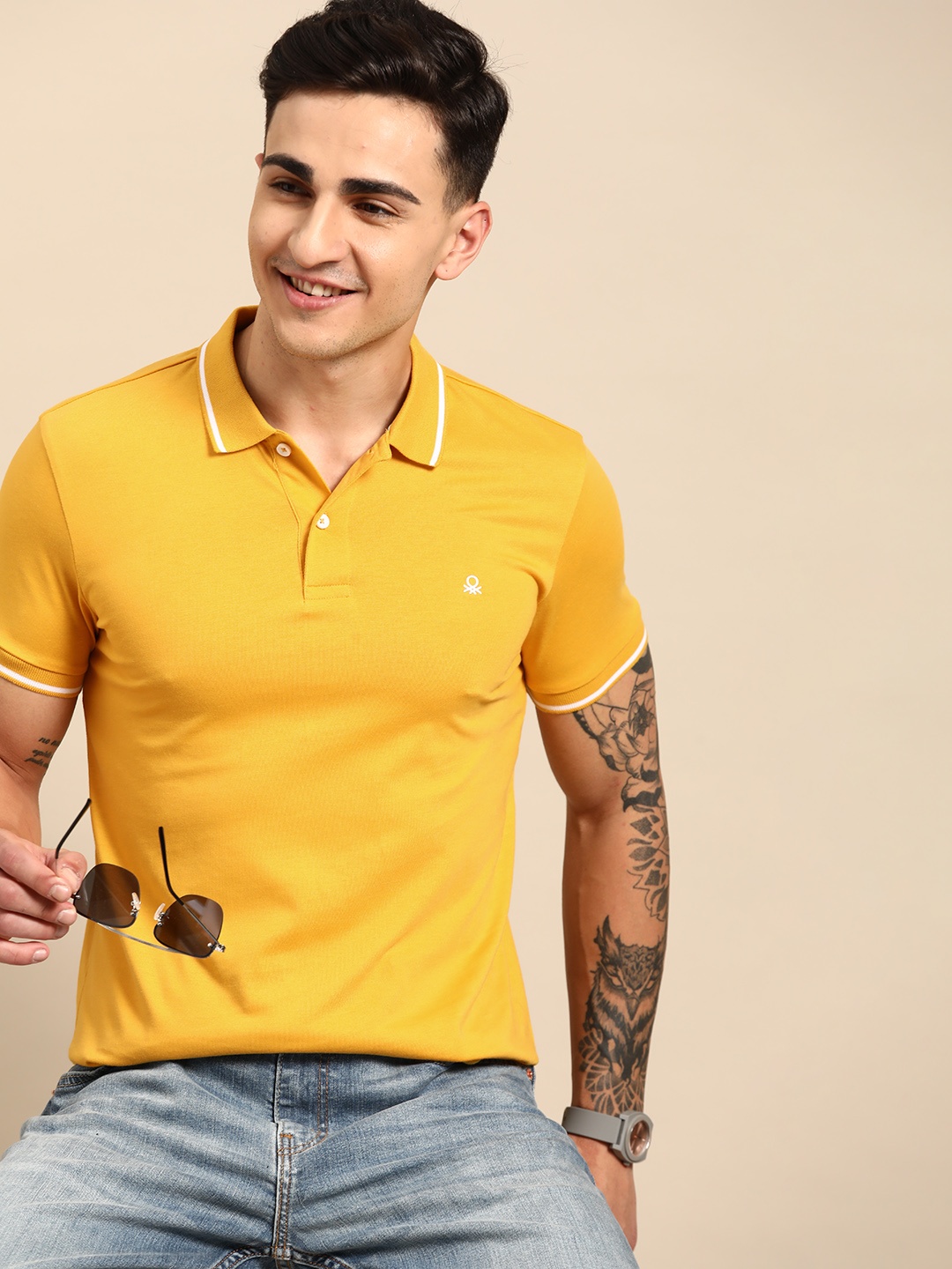 

United Colors of Benetton Contrast Tipping Polo Collar T-shirt, Mustard