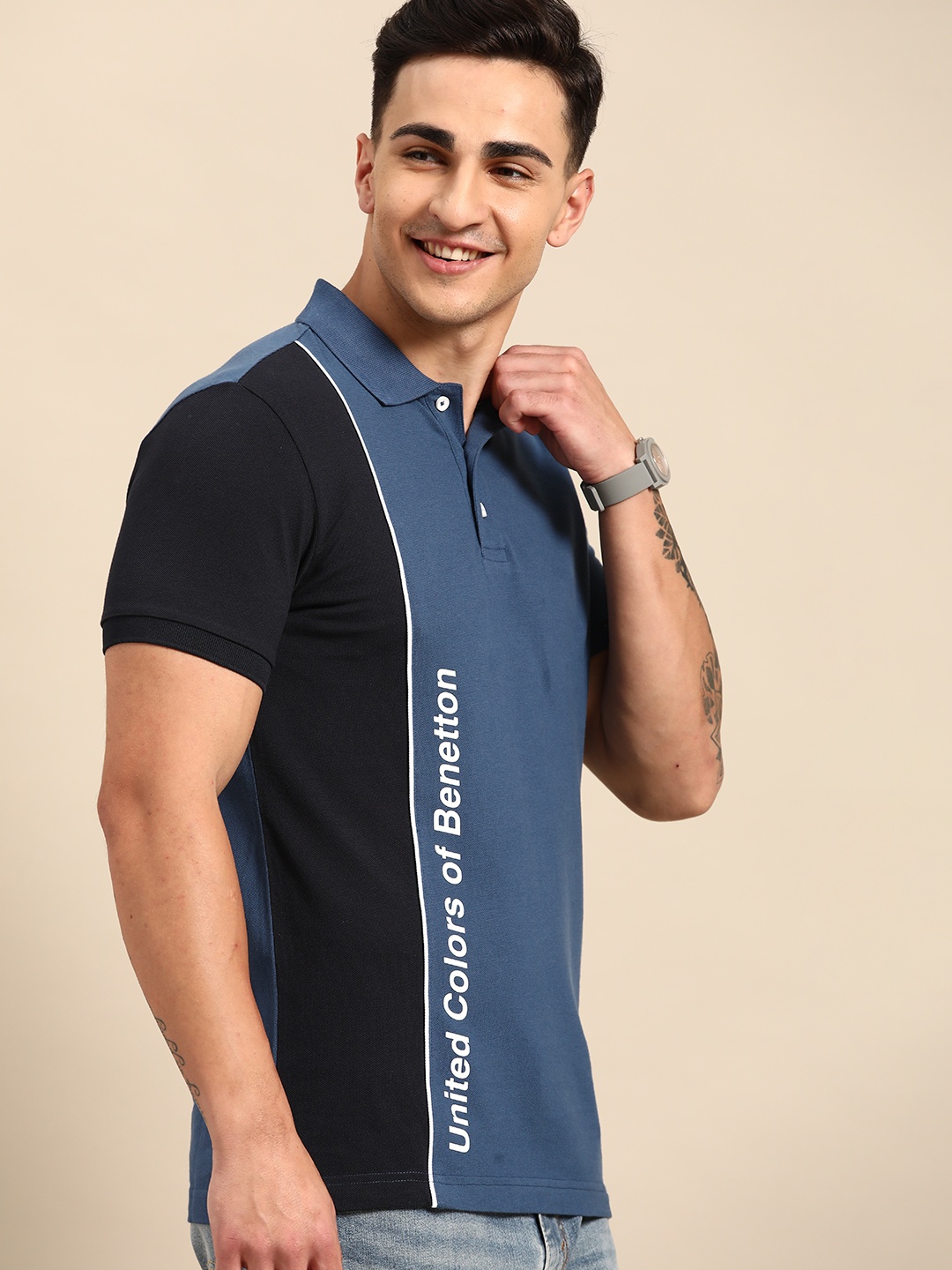 

United Colors of Benetton Vertical Colourblocked Polo Collar Pure Cotton T-shirt, Teal