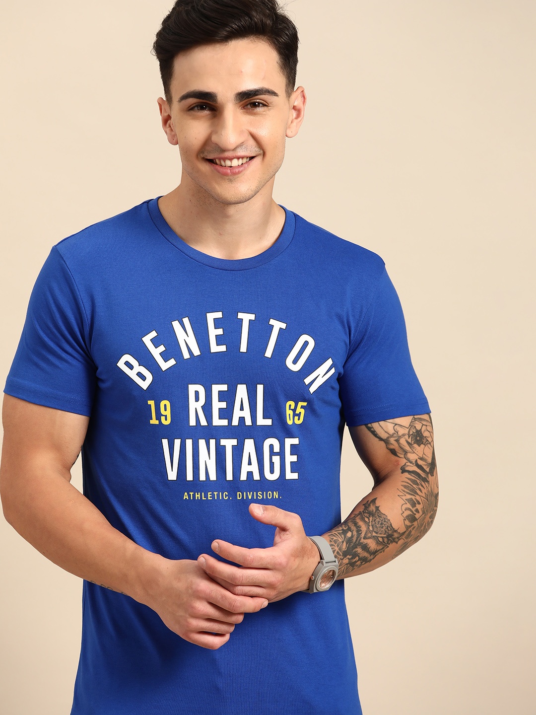 

United Colors of Benetton Men Brand Logo Printed T-shirt, Blue