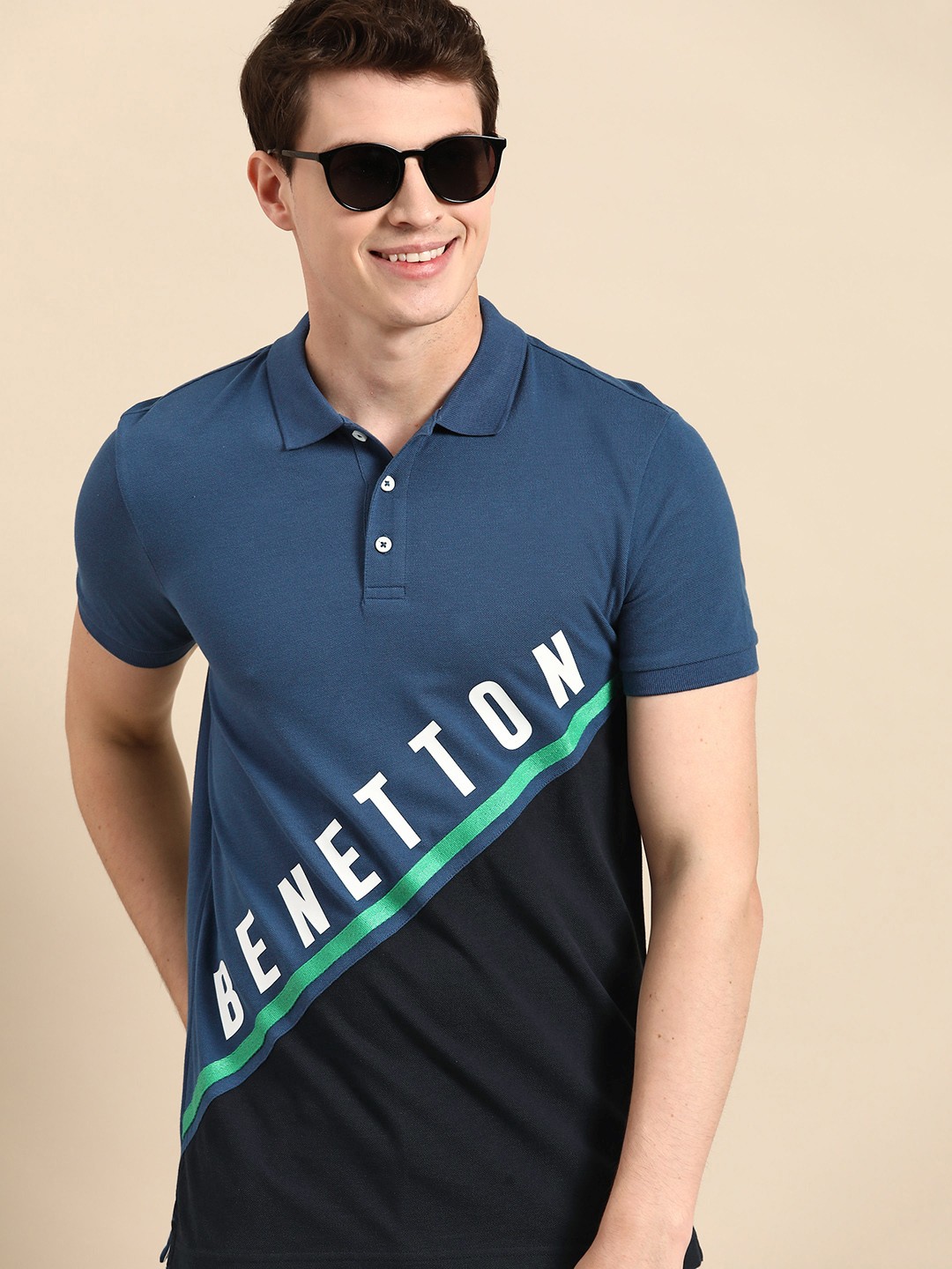 

United Colors of Benetton Colourblocked Polo Collar Pure Cotton T-shirt, Navy blue