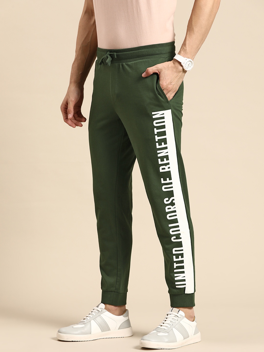 

United Colors of Benetton Brand Logo Printed Pure Cotton Joggers, Olive