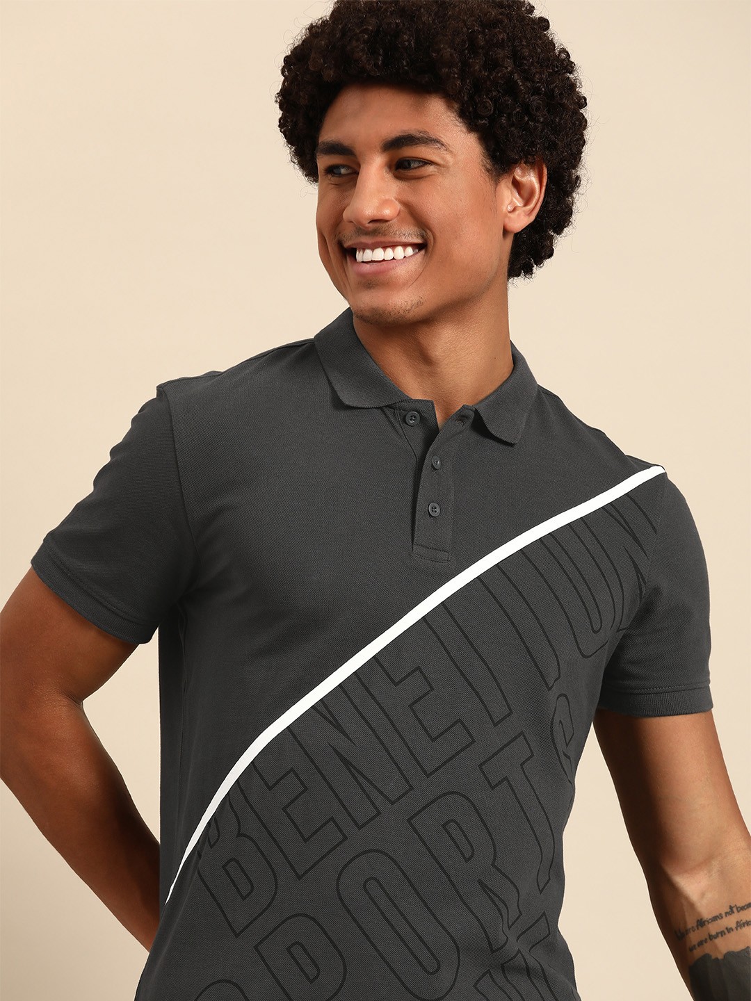 

United Colors of Benetton Typography Print Pure Cotton Polo T-shirt, Charcoal