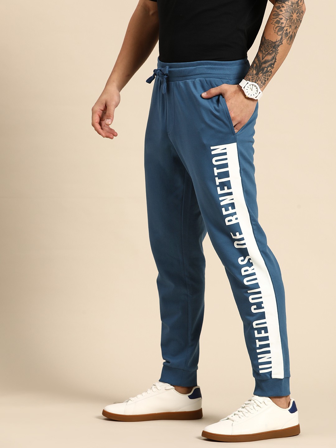 

United Colors of Benetton Men Brand Detail Printed Pure Cotton Joggers, Blue