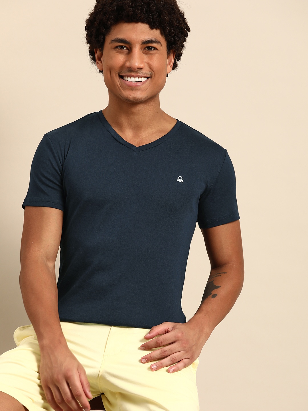 

United Colors of Benetton V-Neck Pure Cotton T-shirt, Navy blue