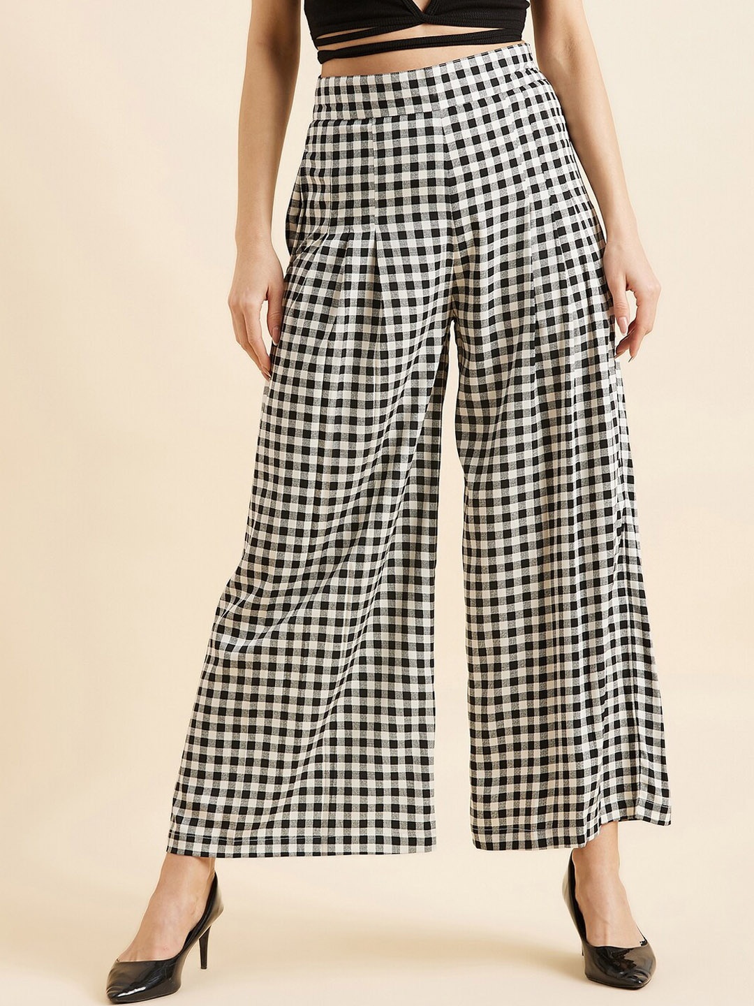 

PANIT Black Women Checked Pleated Parallel Trouser
