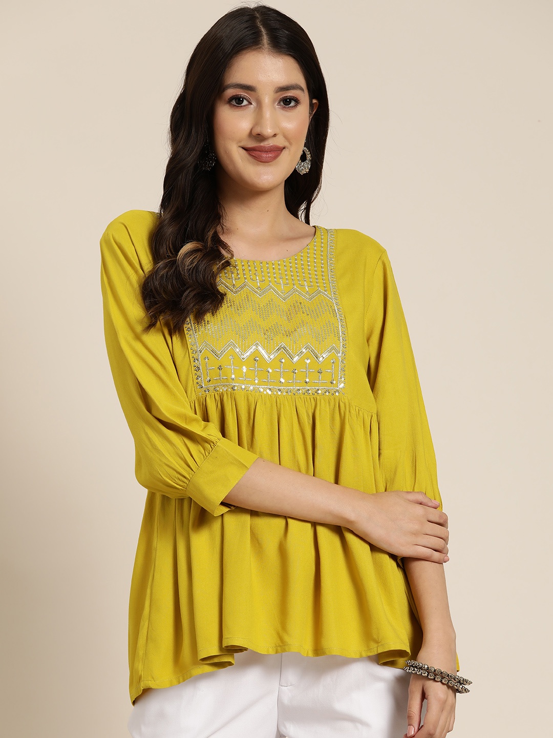 

HERE&NOW Ethnic Motifs Yoke Design Sequinned Pleated Kurti, Green