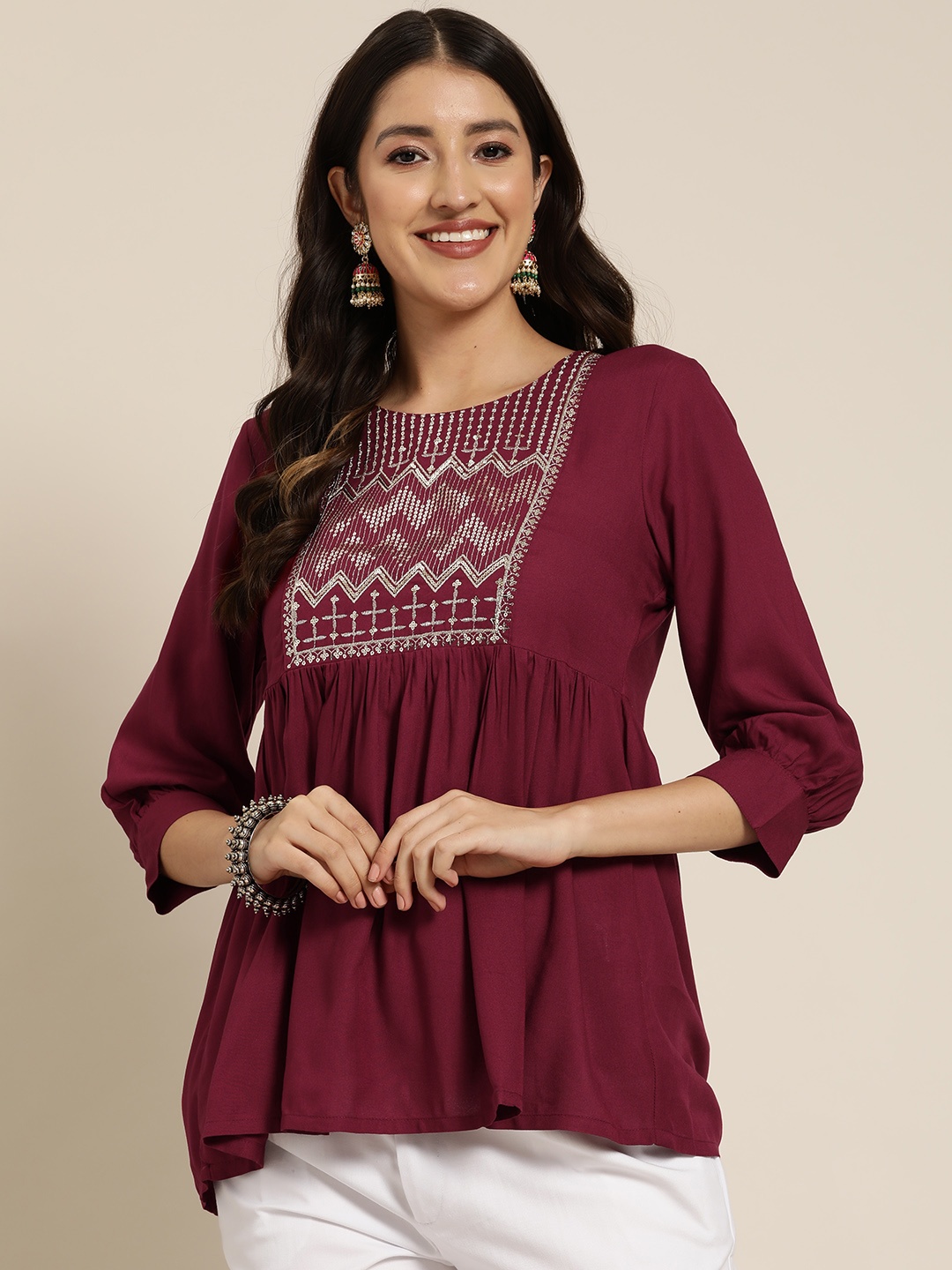 

HERE&NOW Embroidered A-Line Kurti, Maroon