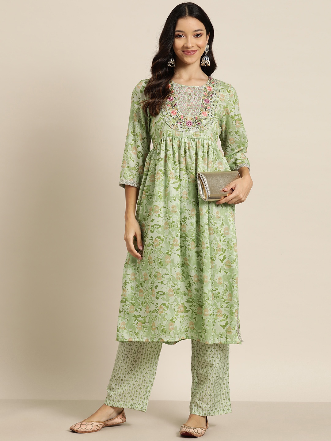 

HERE&NOW Printed Sequined A-line Kurta with Trousers, Green