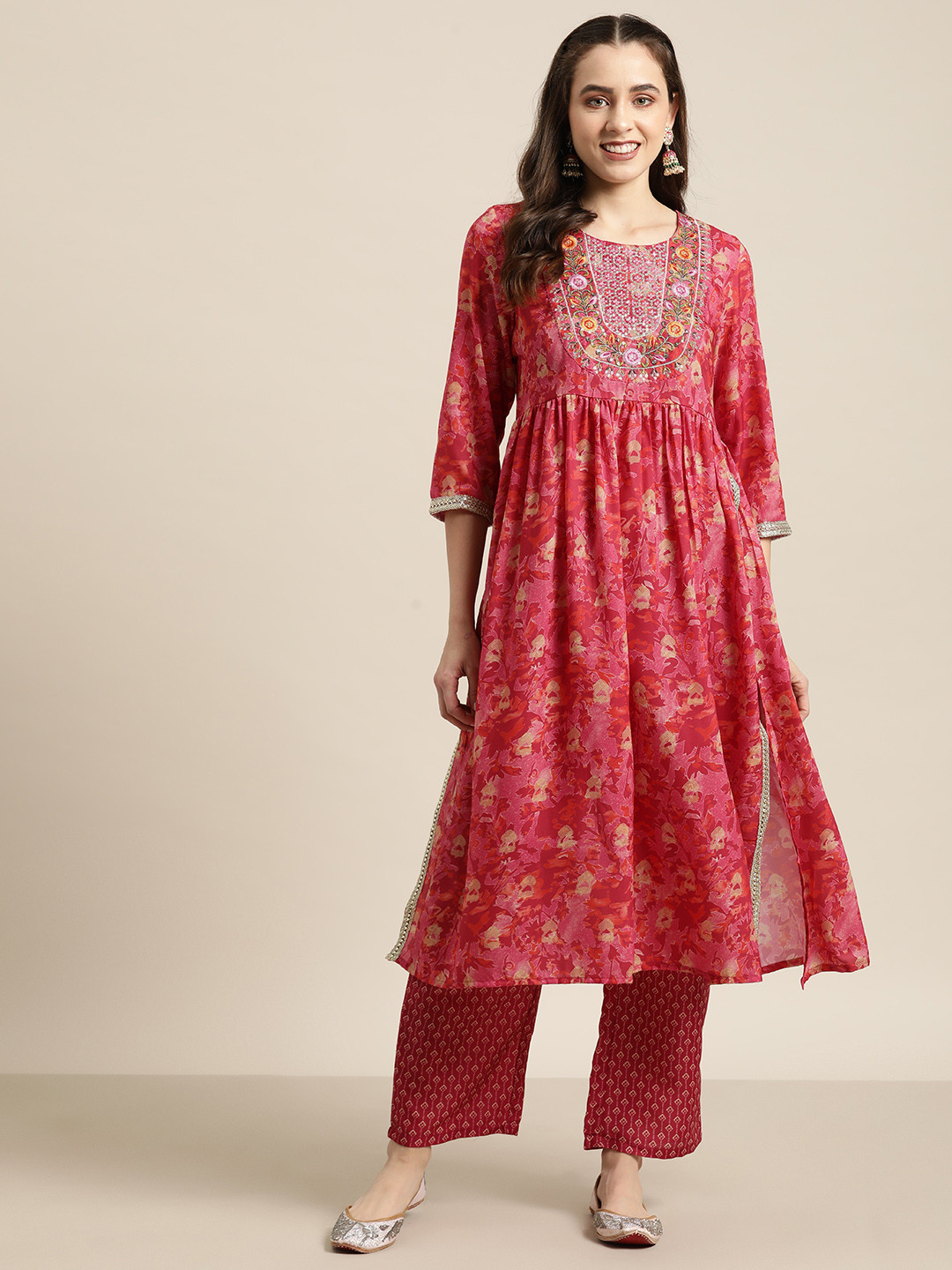 

HERE&NOW Printed Sequined A-line Kurta with Trousers, Red