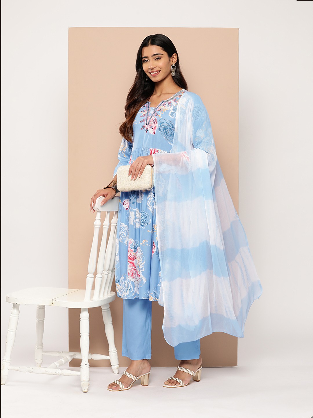 

HERE&NOW Floral Print Mirror Work Kurta with Trousers & With Dupatta, Blue