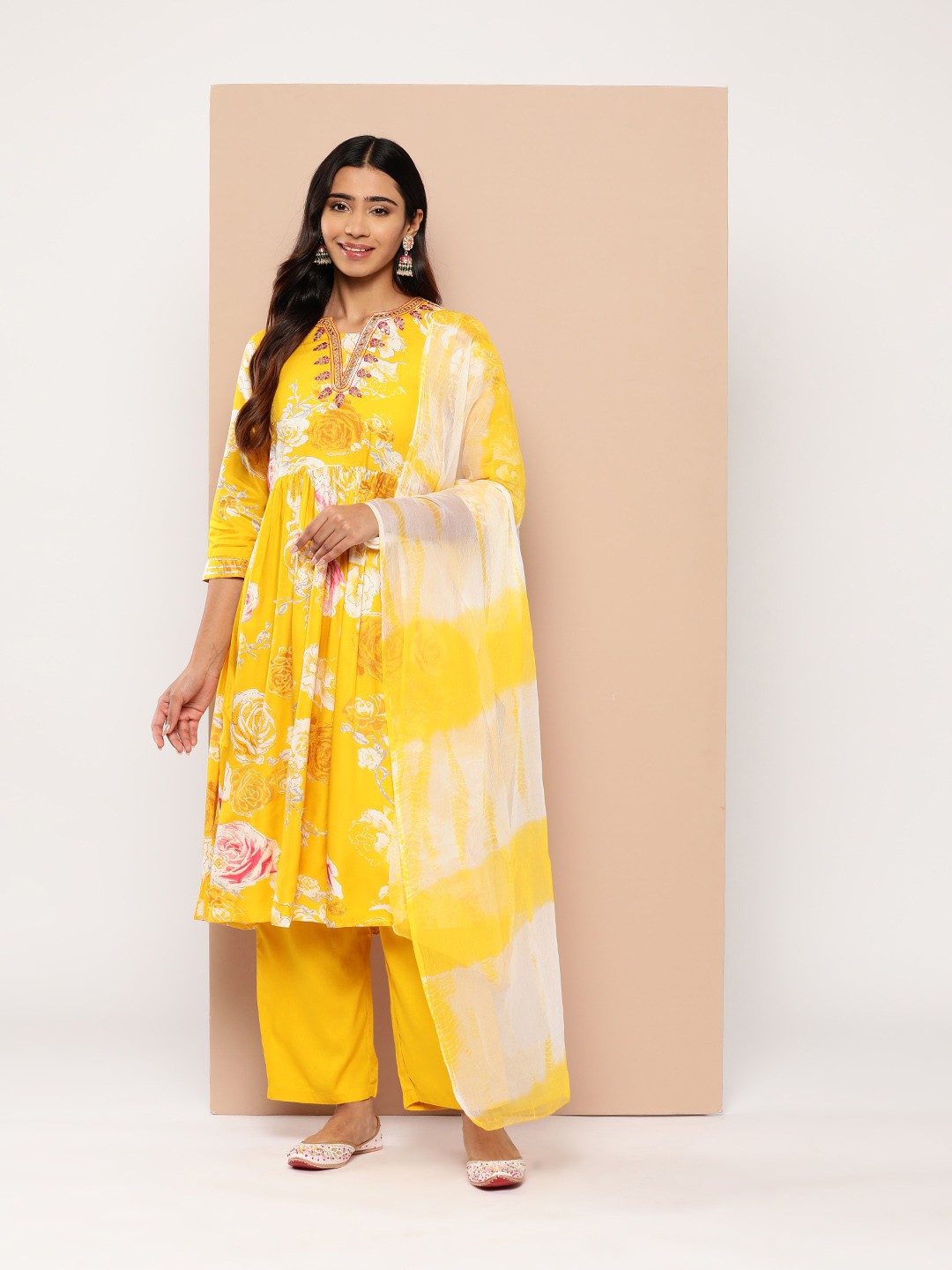 

HERE&NOW Floral Print Mirror Work Kurta with Trousers & With Dupatta, Yellow