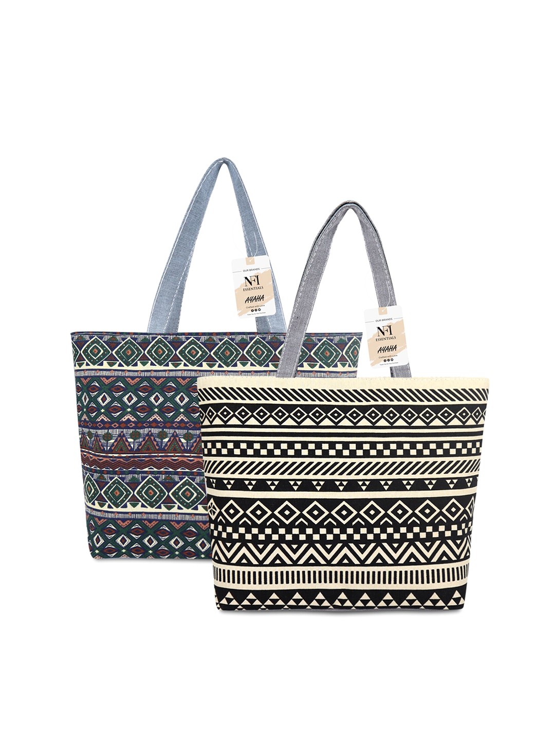 

NFI essentials Set of 2 Geometric Printed Structured Canvas Tote Bag, Green