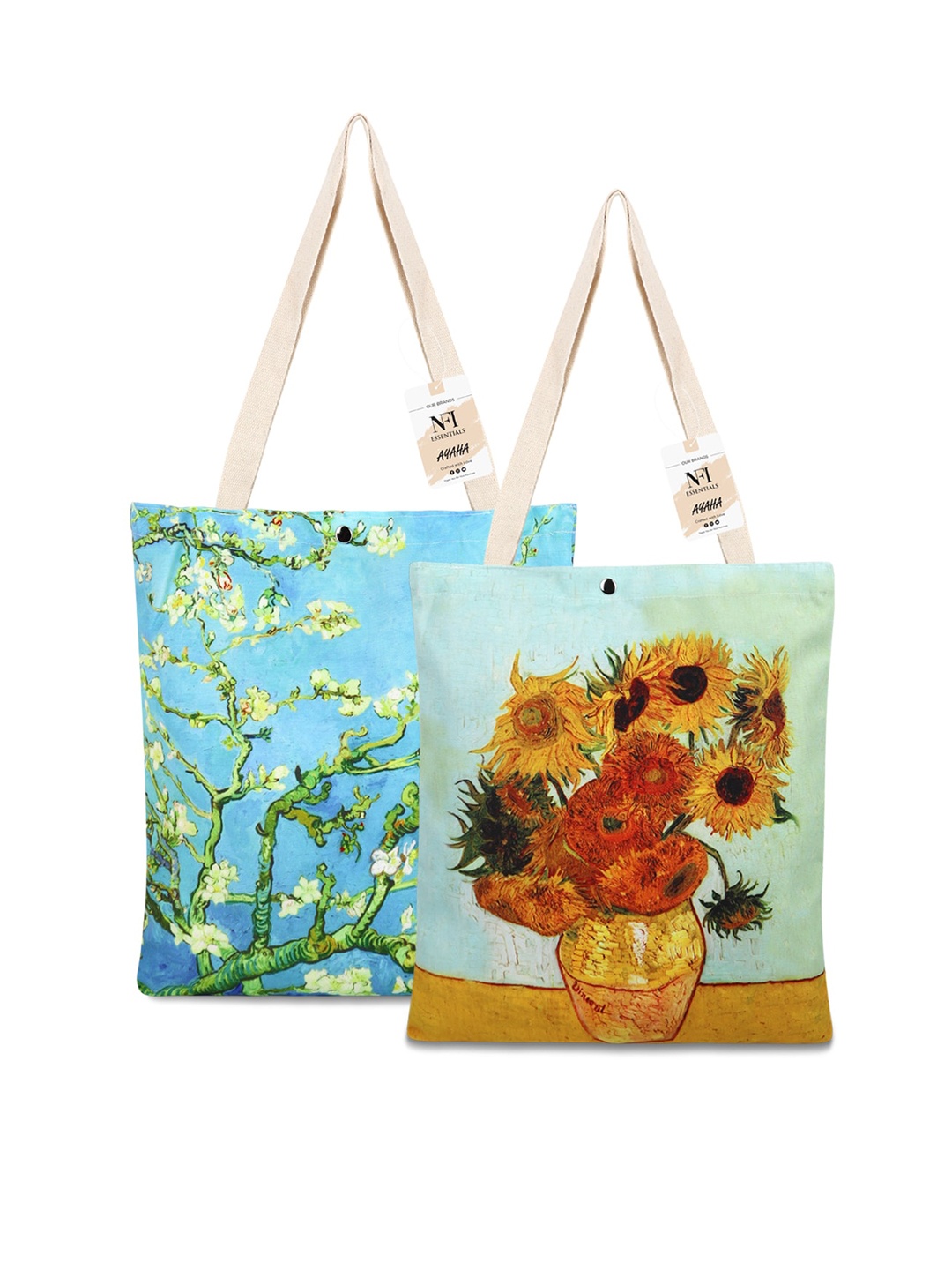 

NFI essentials Pack Of 2 Floral Printed Shopper Canvas Tote Bag, Blue