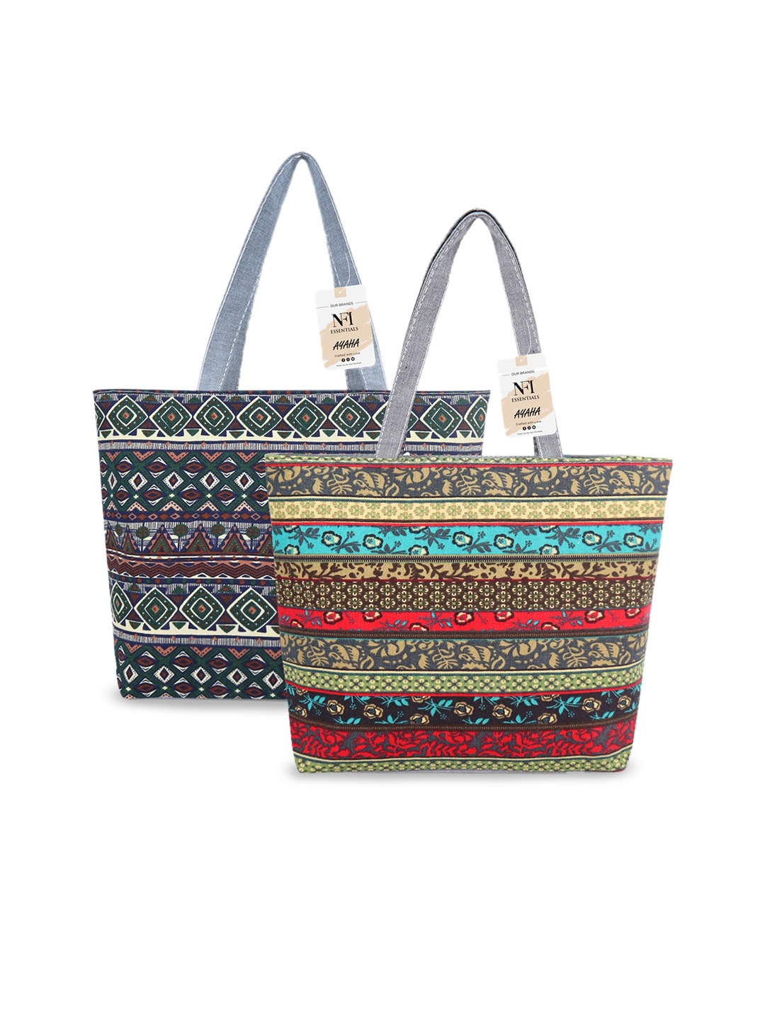 

NFI essentials Pack Of 2 Ethnic Motifs Printed Oversized Shopper Canvas Tote Bag, Navy blue