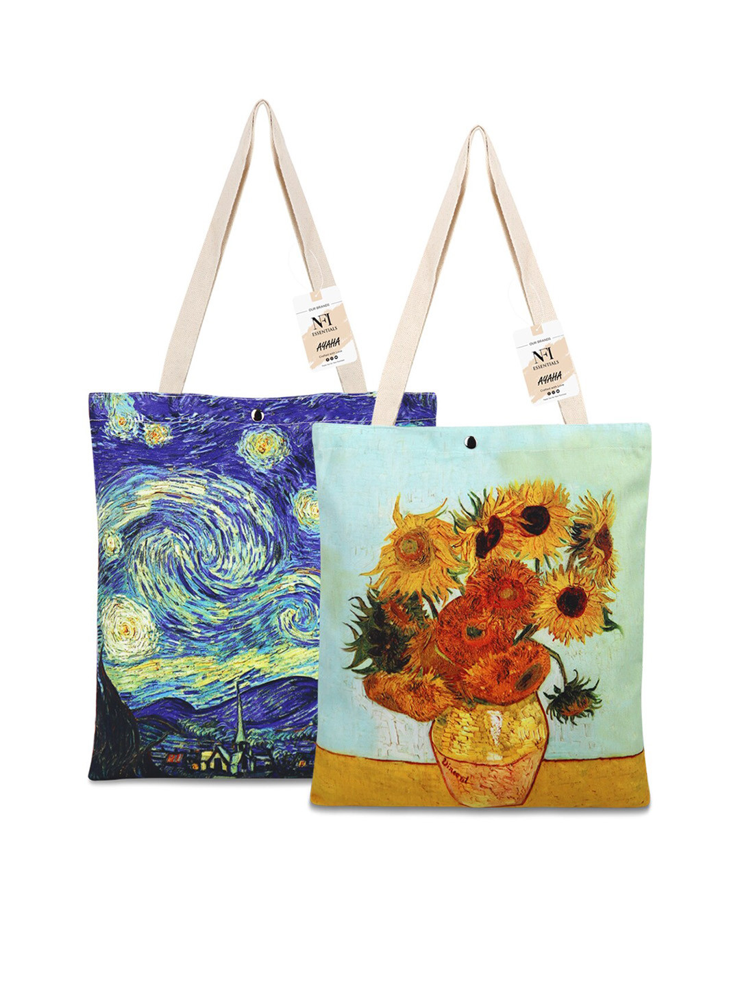 

NFI essentials Pack Of 2 Floral Printed Shopper Canvas Tote Bag, Navy blue